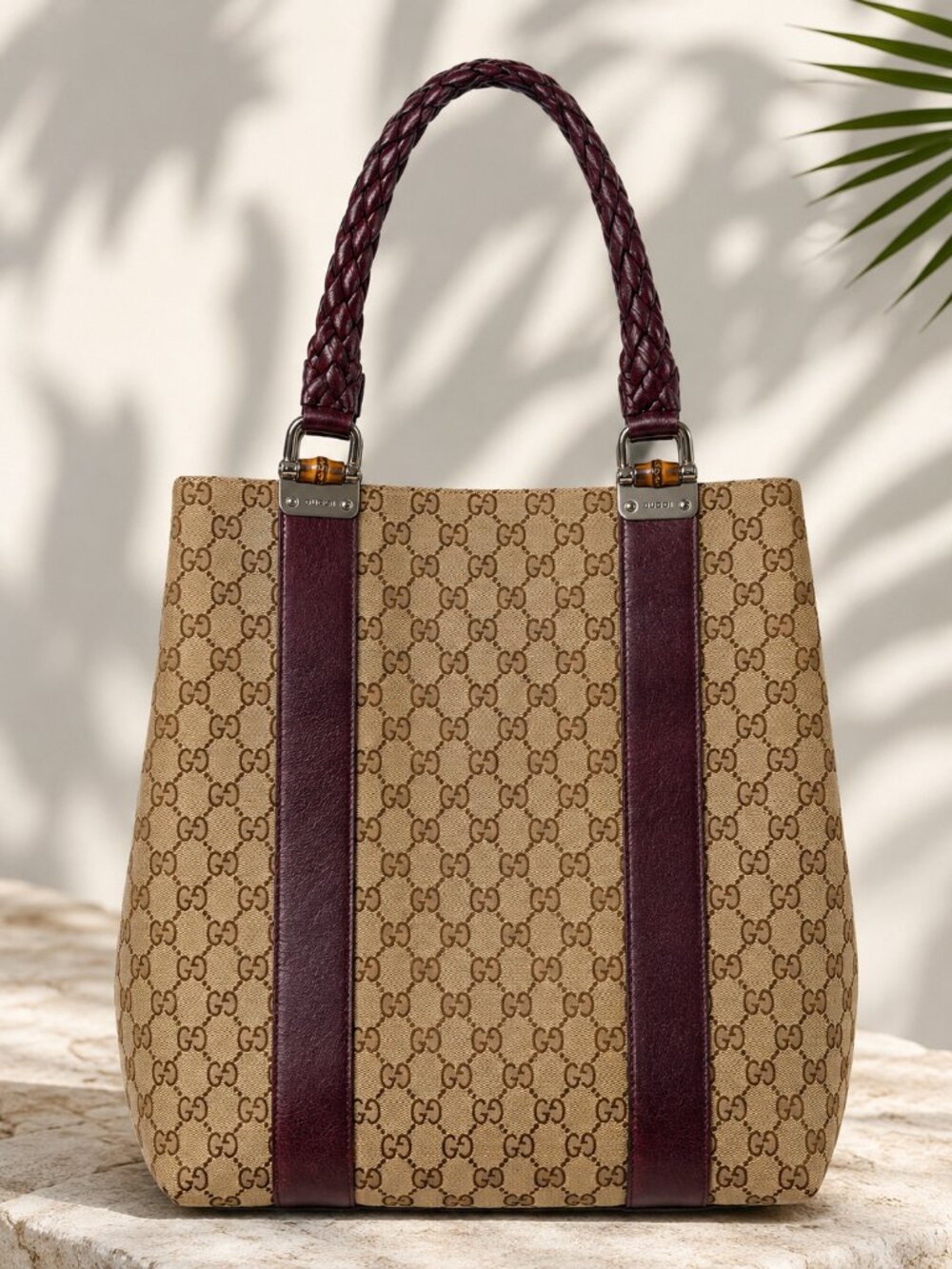 Gucci GG Canvas Bamboo Libeccio Tote Bag Brown Leather Authentic